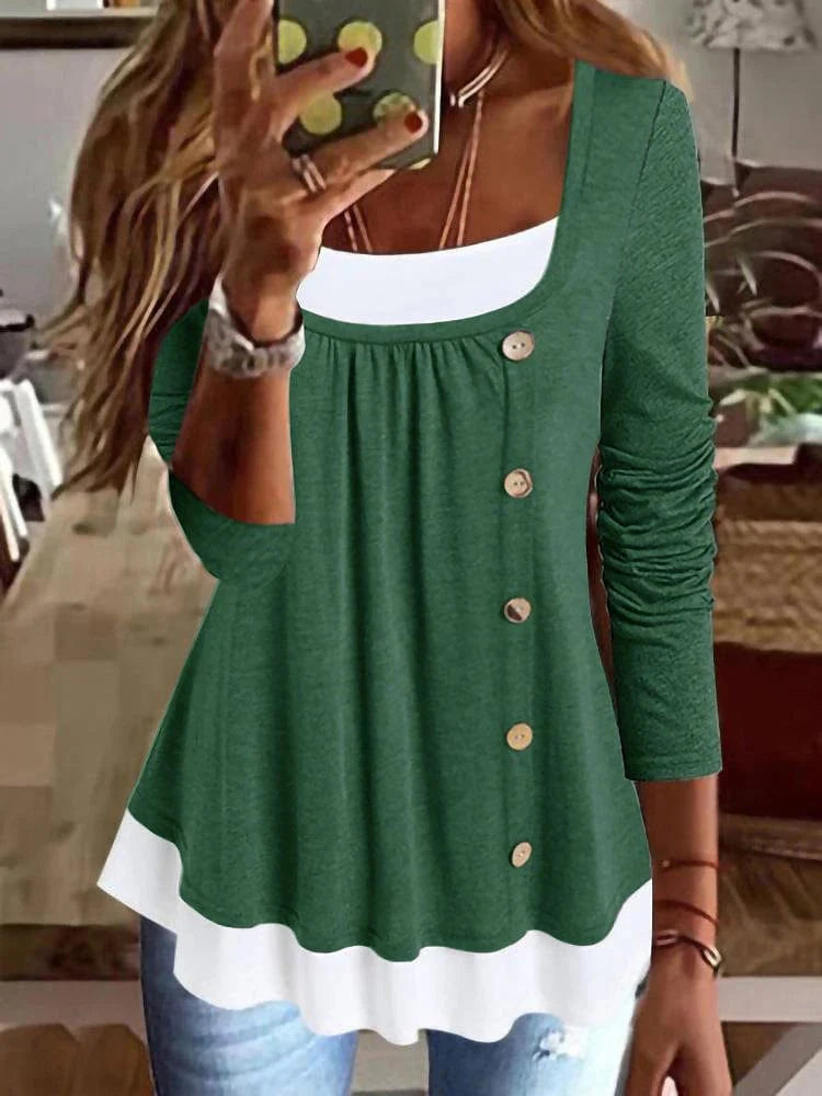 Women's Color Block Button Flowing Tunic Blouse