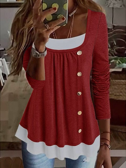 Women's Color Block Button Flowing Tunic Blouse