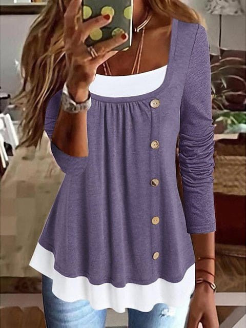 Women's Color Block Button Flowing Tunic Blouse